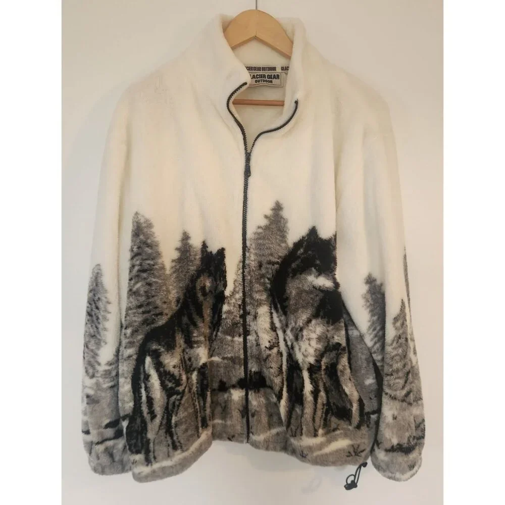 Vtg 90s Glacier Gear Outdoor Fleece Wolves Zip Up Jacket Blue White Sz L - Picture 1 of 8